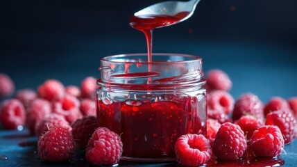 Spoon is pouring raspberry jam into a jar