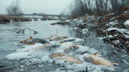Environmental Disaster: Dead Fish in Polluted River