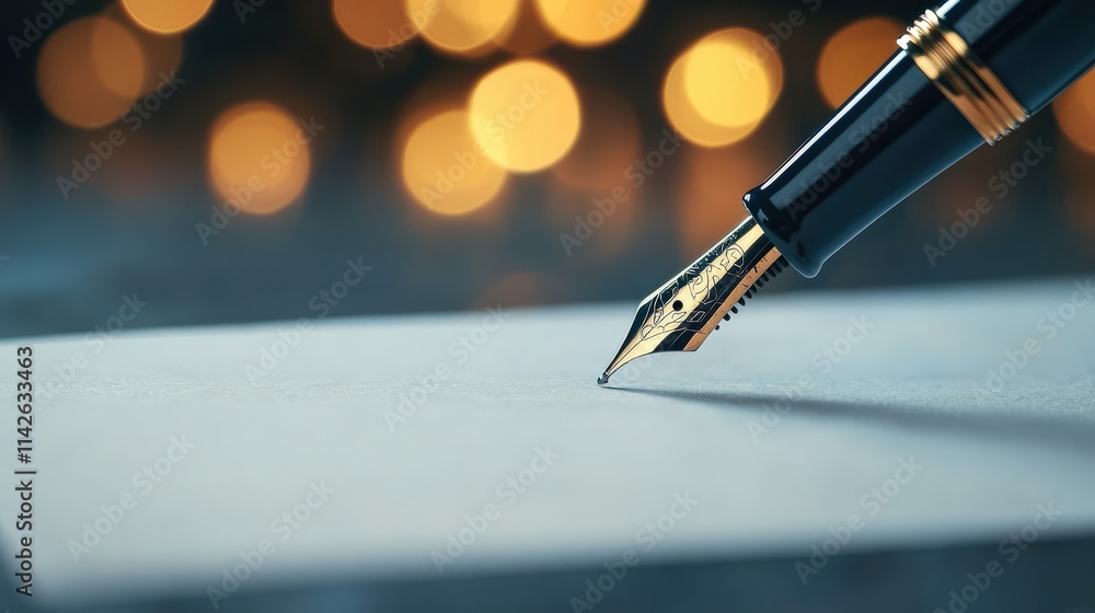 Poster a close-up of a blank check being filled out with a fountain pen, with a minimalist background