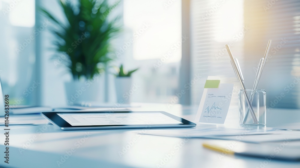 Poster a clean workspace with financial risk assessments displayed on a tablet, surrounded by planners and 