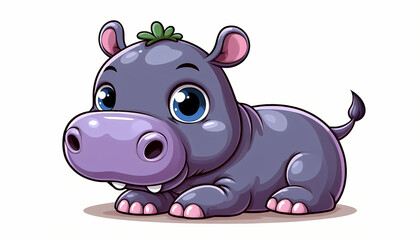 Naklejka premium Cute cartoon pygmy hippo with big eyes, a playful expression, and a hint of green foliage on its head.