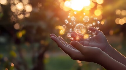 A child holding a glowing digital sphere representing technology, innovation, and the future in a nature-inspired background. condept for how technology can be a part of the younger generation’s hands