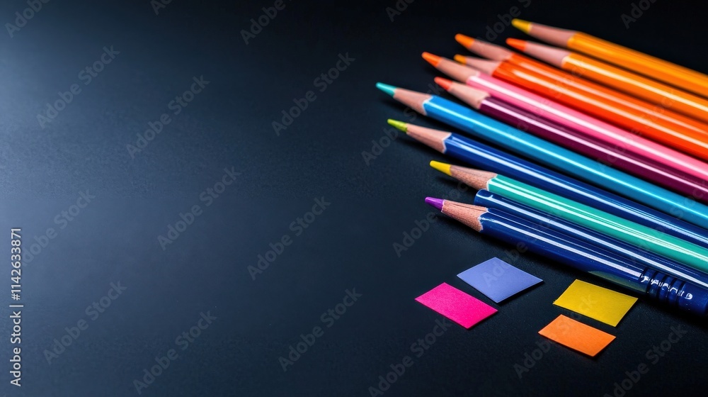 Poster a clean flat lay of a report card template with colorful pens and sticky notes for editing
