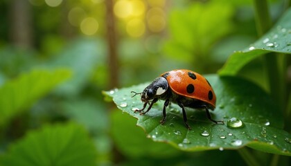 Fototapeta premium Ladybug on a green leaf with water droplets in the forest