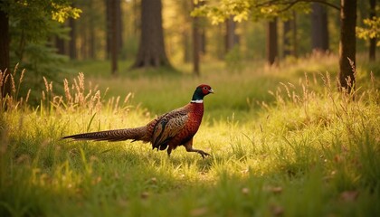 Pheasant walking through a sunlit grassy forest clearing