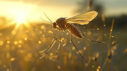 mosquito mid flight, illuminated by golden sunlight, creates serene atmosphere