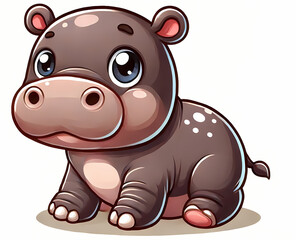Naklejka premium A cute cartoon pygmy hippo with large eyes and a rounded body, sitting adorably against a light background.