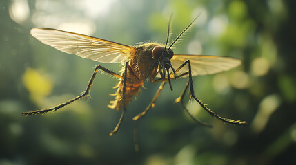 Dynamic shot of mosquito mid flight, showcasing its delicate wings and motion