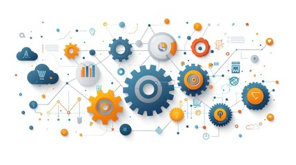 Obraz premium Interconnected Gears and Icons: A Visual Representation of Business Processes and Technology Integration