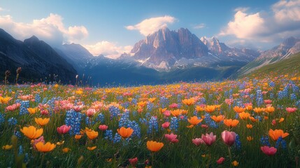 Vibrant wildflowers bloom in a vast alpine meadow, majestic mountains in the background under a sunrise sky.