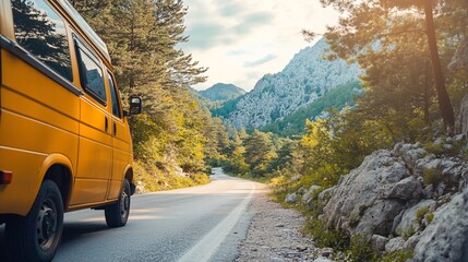 Yellow camper van traveling on scenic mountain road at sunset