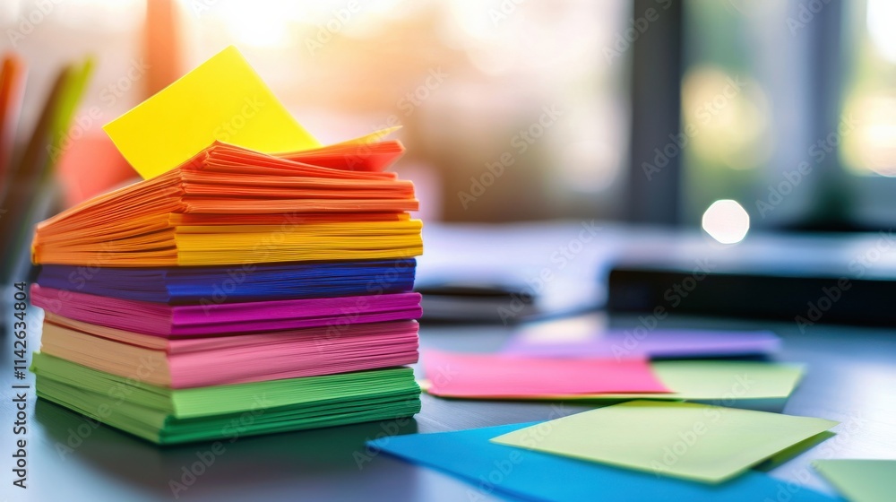 Poster A bright and colorful stack of sticky note paper in rainbow hues arranged neatly on a desk