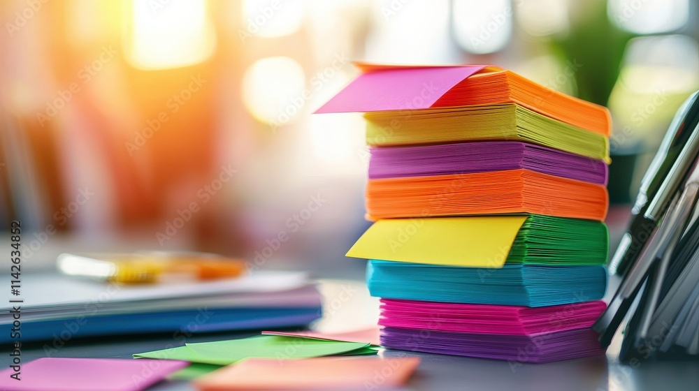 Aufkleber a bright and colorful stack of sticky note paper in rainbow hues arranged neatly on a desk