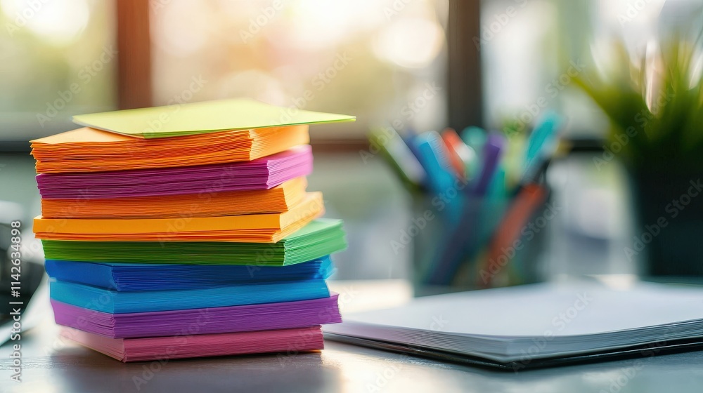Poster a bright and colorful stack of sticky note paper in rainbow hues arranged neatly on a desk