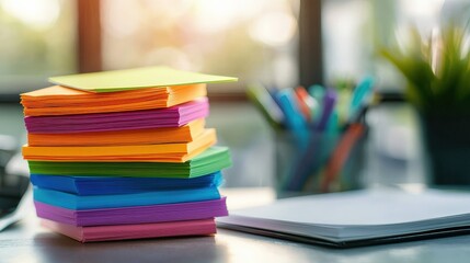 A bright and colorful stack of sticky note paper in rainbow hues arranged neatly on a desk