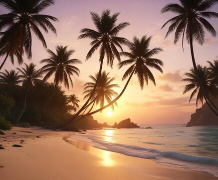 Palm trees sway gently in the warm breeze on a serene tropical beach at sunset, beach, relaxation