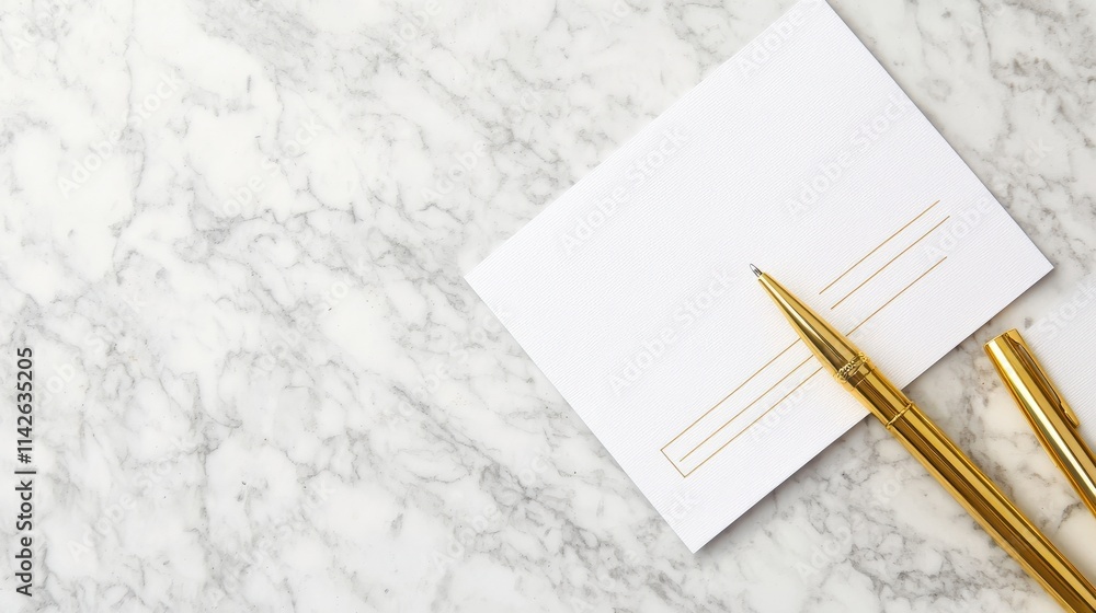Poster a blank check with elegant typography placed on a marble desk, styled with gold pens and a planner