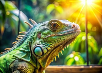 Fototapeta premium Green Iguana Enclosure Photo: Reptile Photography, Zoo Animals, Exotic Pets, Glass Terrarium, Lizard Pictures, Iguana Closeup, Wildlife Photography, Nature Images