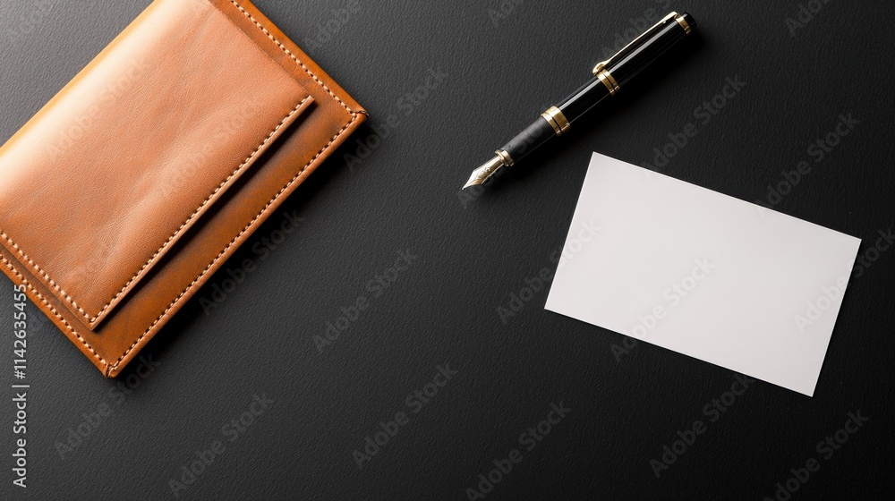 Poster a blank check resting neatly next to a leather-bound planner, pen, and a crisp white envelope