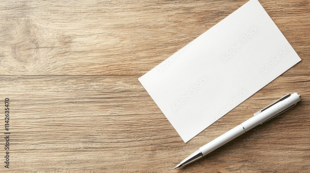 Poster a blank check lying on a wooden desk with a pen placed diagonally across it, styled in soft natural 
