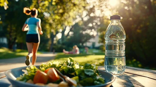 Encouraging a balance healthy lifestyle through nutrition and fitness, highlighting a vibrant salad green food and water bottle with a blurred image of a woman jogging in background a park.