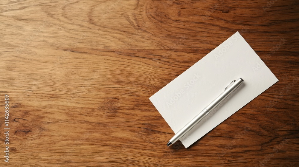 Poster a blank check lying on a wooden desk with a pen placed diagonally across it, styled in soft natural 