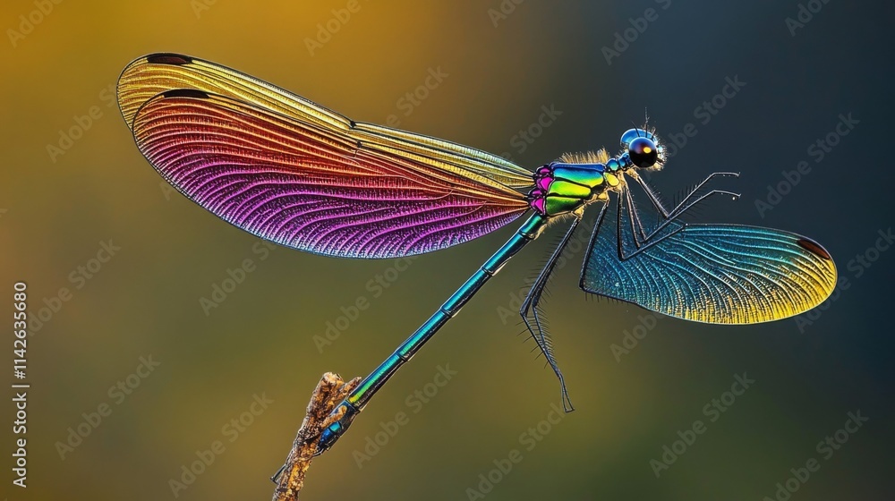 Poster colorful dragonfly with iridescent wings resting on a branch