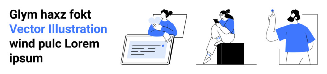 Group of individuals interacting with various digital devices including tablets and smartphones. Ideal for technology, communication, online learning, telehealth, remote work, digital marketing