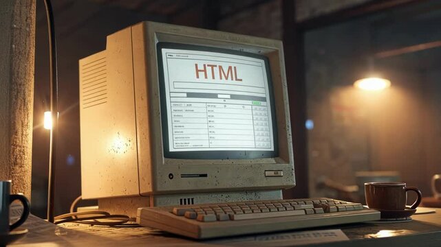 Text Editor Embrace A computer screen showcasing a neatly structured HTML snippet with basic elements like hyperlinks and lists surrounded by the worn edges of the monitor offering