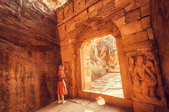 Gates of an abandoned indian temple and ruins of old city,  India.