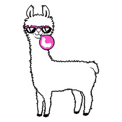 Llama Chewing Gum Blowing Bubble Gum Alpaca Cool Design Lover Art Vector Illustration Card T-Shirt Poster Sticker Graphic Print Decorative Drawing Isolated Logo Decoration Symbol Creative Cool Style