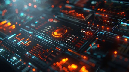 Obraz premium Futuristic Technological Interface Displaying Complex Data and Information in Orange and Teal