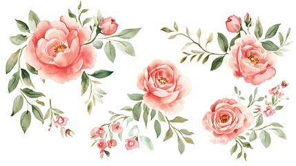 Watercolor floral illustration set with delicate flowers and leaves, isolated on white background. Soft watercolor floral bouquet set, vibrant blooms and greenery, isolated on white background