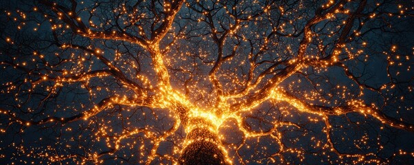 Glowing tree canopy with vibrant energy and water vapor