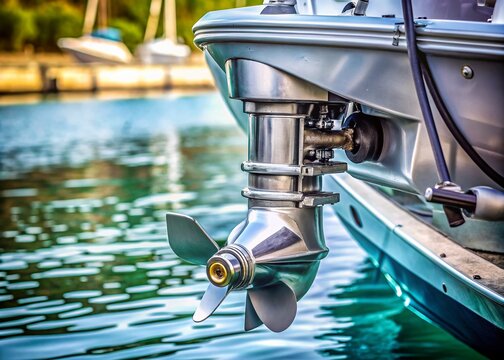 Grey Outboard Motor Foot, High Depth of Field, Boat Engine Detail, Marine Engine Closeup, Nautical Photography, Outboard Motor Aft,  Detailed Engine Shot,  Sharp Focus,  Grey Outboard,  