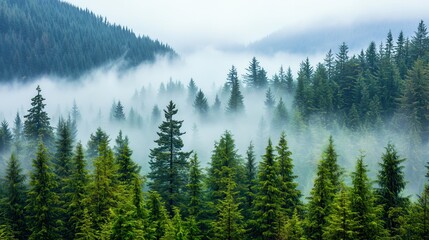 Obraz premium Lush forest with mist layers creating serene atmosphere