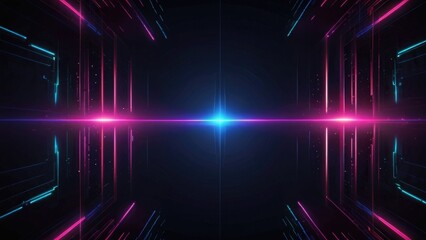 Futuristic neon tunnel with vibrant pink and blue light streaks.