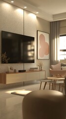 A modern living room featuring a TV, artwork, and comfortable seating.