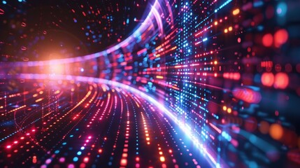 Naklejka premium Neon Tunnel of Data: A Futuristic Stream of Digital Information Flowing Through Cyberspace
