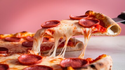 Slice of pepperoni pizza with melted cheese