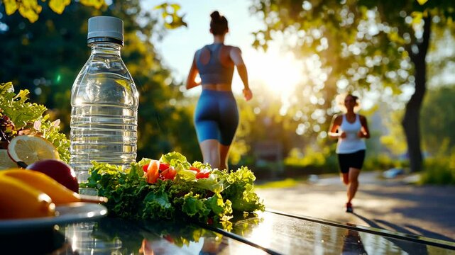 Encouraging a balance healthy lifestyle through nutrition and fitness, highlighting a vibrant salad green food and water bottle with a blurred image of a woman jogging in background a park.