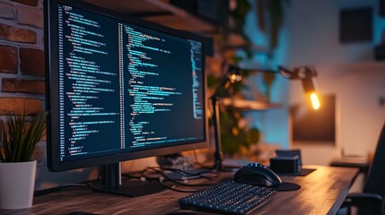 Programming code displayed on computer monitor in a modern home office at night, software developer working