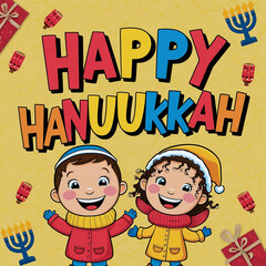 Cheerful Hanukkah Lettering with Happy Boy and Girl Cartoon Illustration