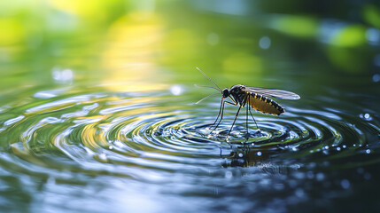 mosquito landing on water creates delicate ripples in nature beauty