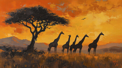 Naklejka premium Giraffes grazing under acacia tree at sunset, creating serene scene