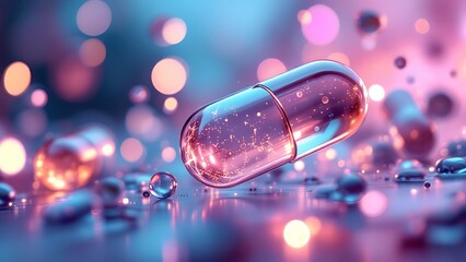 Close-up of blue capsules with abstract molecules and glowing background, representing medical science and pharmaceutical research.