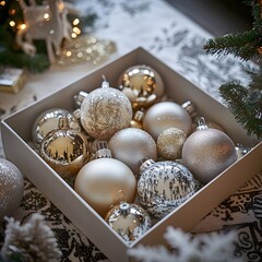 Hygge Christmas Baubles in an Open Box on a Festive Table