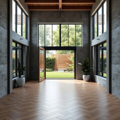Modern industrial interior, high ceiling, exposed wooden beams, large glass windows, natural light, herringbone wooden floor, minimalist design, indoor plants, concrete walls, open space, backyard vie