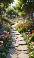 Sinuous walkway winding through beautiful flower garden, walkway, colorful, beautiful