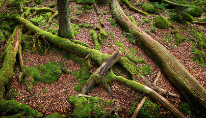 Fototapeta premium A rich forest floor texture featuring a carpet of leaves, vibrant green moss, and scattered twigs, showcasing the intricate details of nature’s ecosystem and the beauty of woodland environments.